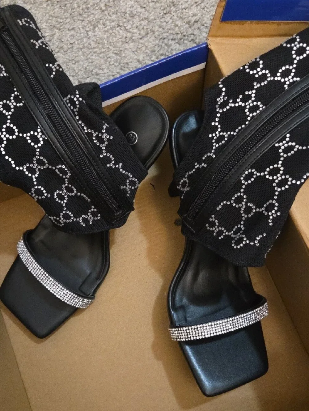 Rouge Black Crystal-Pattern Open Toe Bootie Stiletto Sandals Sz 6.5 NIB